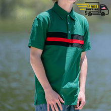 Load image into Gallery viewer, Hemingway Pilar Green w. Black & Red Stripes Regular Fit Polo Shirt by Alison Nautical