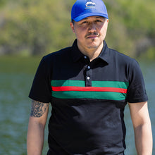 Load image into Gallery viewer, Hemingway Pilar Black w. Green & Red Stripes Regular Fit Polo Shirt by Alison Nautical