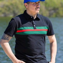 Load image into Gallery viewer, Hemingway Pilar Black w. Green & Red Stripes Regular Fit Polo Shirt by Alison Nautical