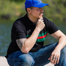 Load image into Gallery viewer, Hemingway Pilar Black w. Green & Red Stripes Regular Fit Polo Shirt by Alison Nautical