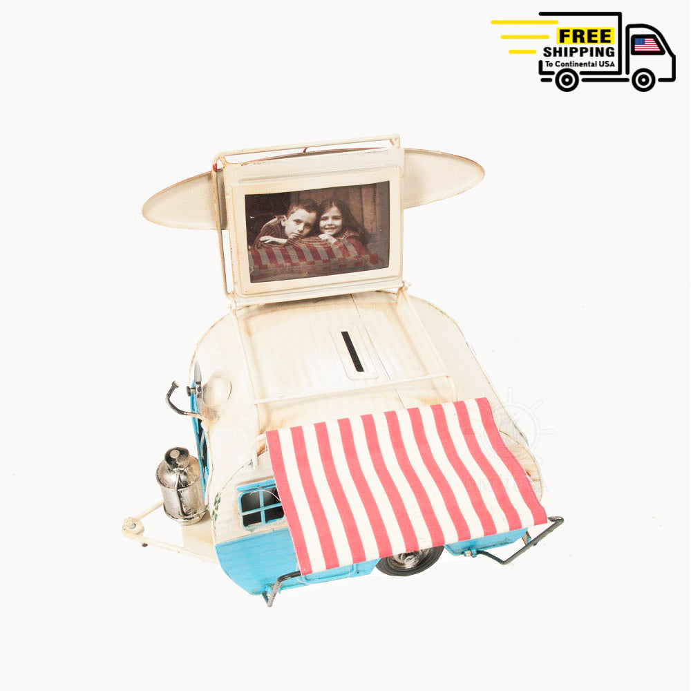 CLASSIC CAMPER WITH PHOTO FRAME PIGGY BANK METAL | scale model | Miniatures |Vintage arts and crafts for decoration