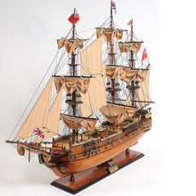 Load image into Gallery viewer, HMS SURPRISE MODEL SHIP LARGE WITH FLOOR DISPLAY CASE | Museum-quality | Fully Assembled Wooden Ship Models
