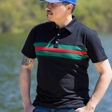 Load image into Gallery viewer, Hemingway Pilar Black w. Green &amp; Red Stripes Regular Fit Polo Shirt by Alison Nautical
