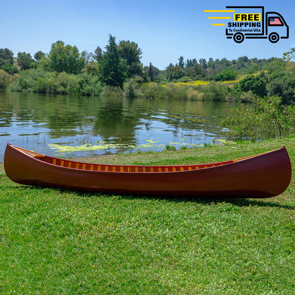 RED DISPLAY CANOE WITH RIBS AND CURVED BOW 10’ | Wooden Kayak |  Boat | Canoe with Paddles for fishing and water sports