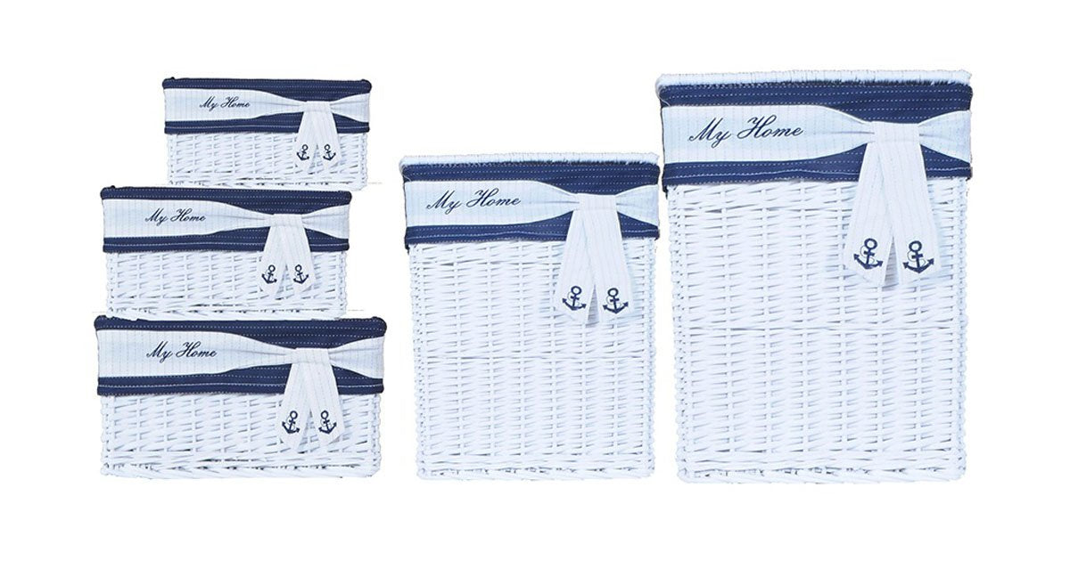 Anne Home Set of 5 Rectangular Willow Baskets for Children Storage - White & Blue Woven Willow Basket for All Types of Storage