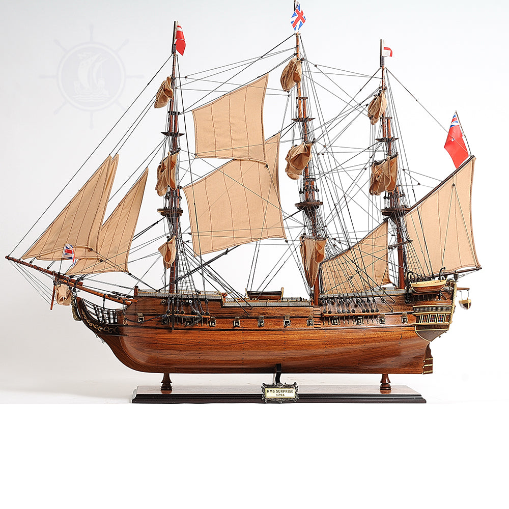 HMS SURPRISE MODEL SHIP LARGE WITH TABLE TOP DISPLAY CASE | Museum-quality | Fully Assembled Wooden Ship Models