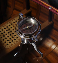 Load image into Gallery viewer, GIMBALED COMPASS ON TRISTAND | Nautical decor | Vintage arts and crafts for decoration
