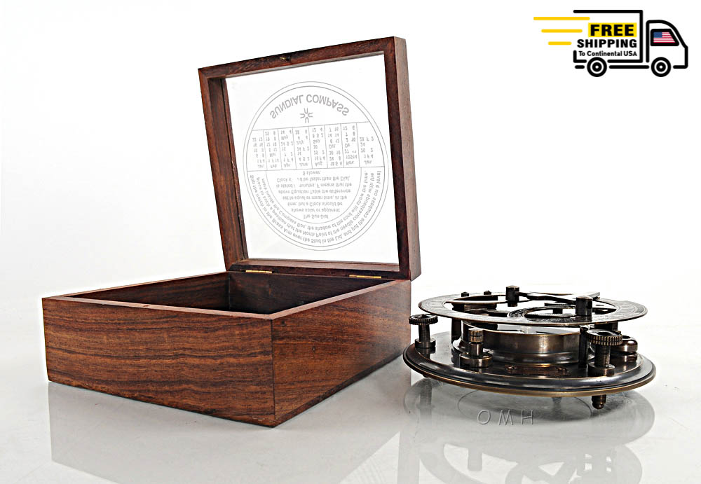 SUNDIAL COMPASS IN WOOD BOX (LARGE) | Nautical decor | Vintage arts and crafts for decoration