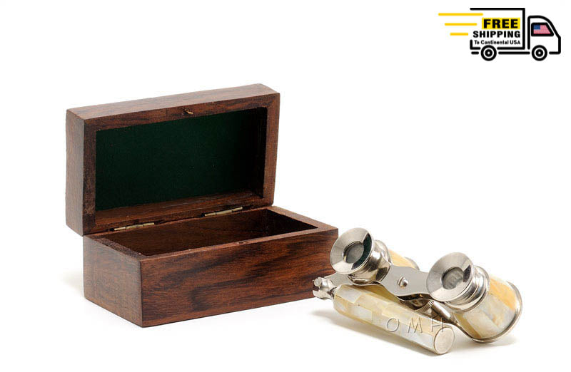Opera glasses w MOP in wood box | Magnifying power | Vintage arts and crafts for decoration